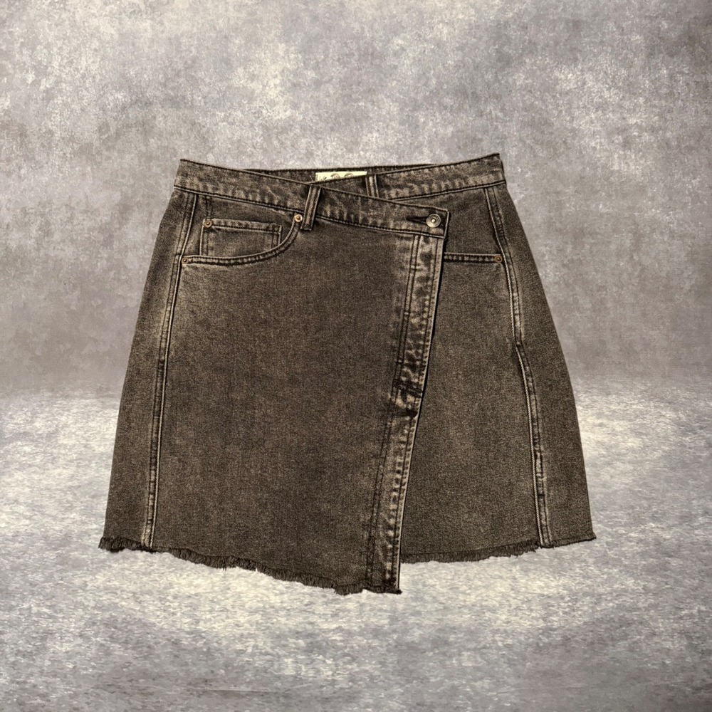 Free People We The Free Parker Wrap Denim Mini Skirt 30 Wash Black Asymmetrical